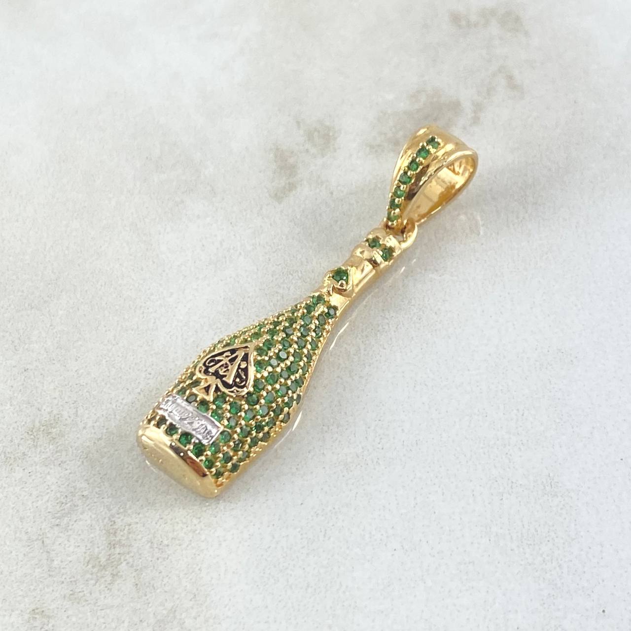 Dije Botella de Champagne 4.4gr / 3.6cm / Circones Verdes Oro Amarillo 18K *
