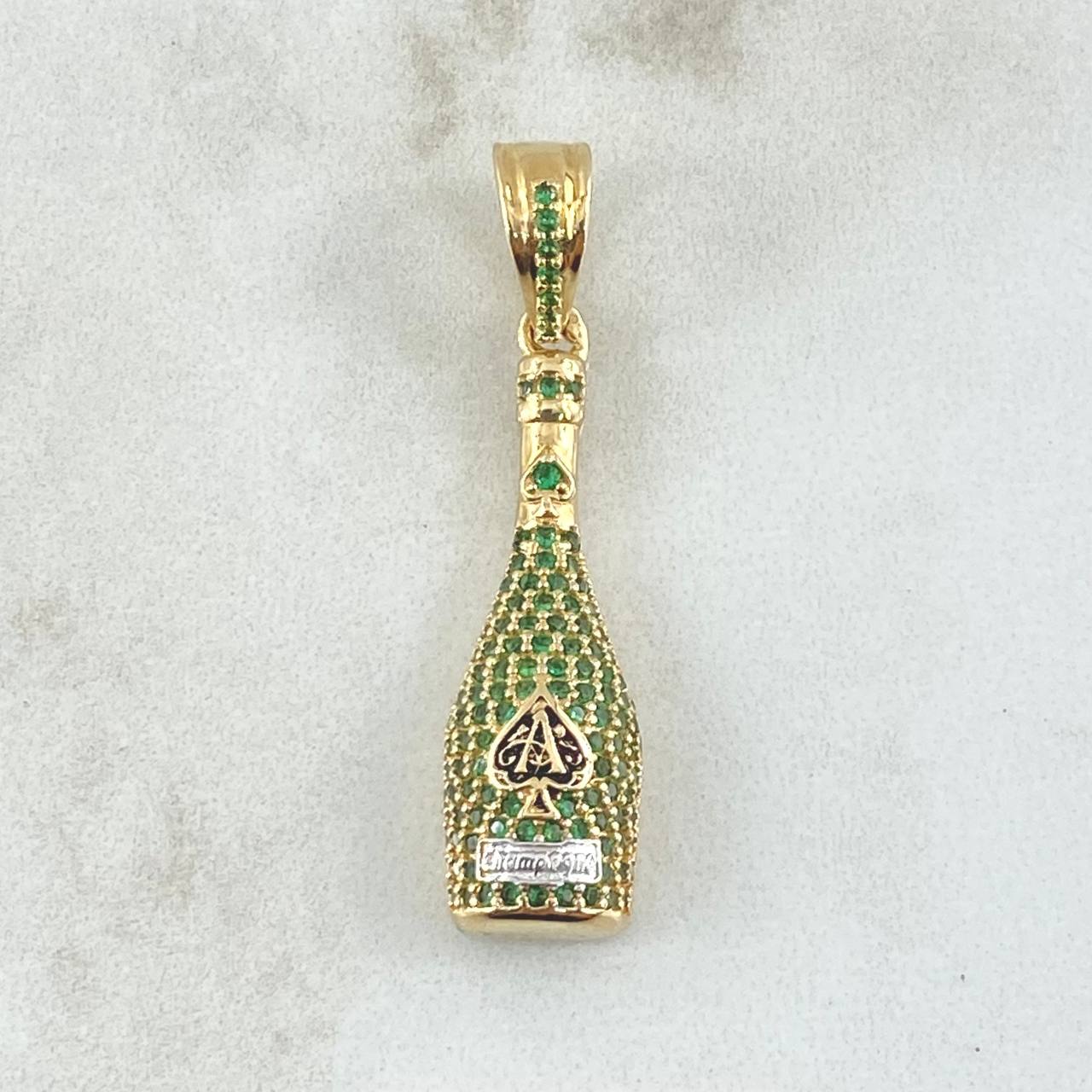 Dije Botella de Champagne 4.4gr / 3.6cm / Circones Verdes Oro Amarillo 18K *