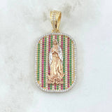 Dije Placa Virgen De Guadalupe 9.7gr / 4.5cm / Relieve Circones Blancos Verdes Fucsia Tres Oros 18K *