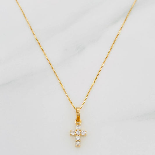 Set Cadena Veneciana + Dije Cruz Diamantes 10Pts / 1.4 g / 45 cm Oro Amarillo 18K