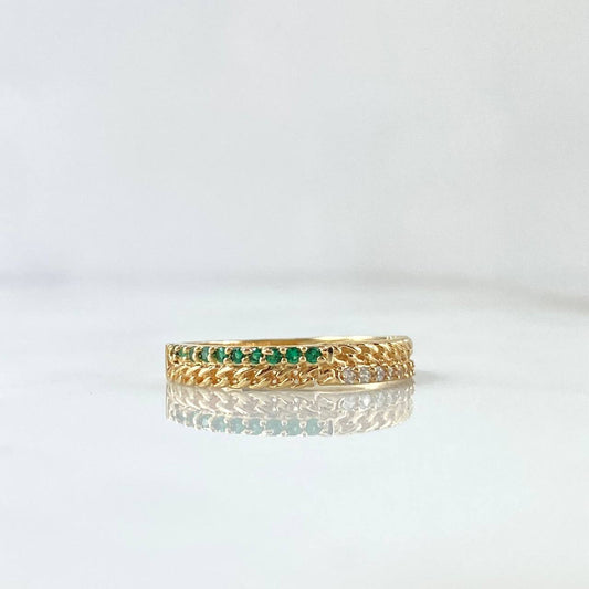 Anillo Cubano Bifurcado 2.4gr / T7 3/4 / Circones Blancos Verdes Oro Amarillo 18K