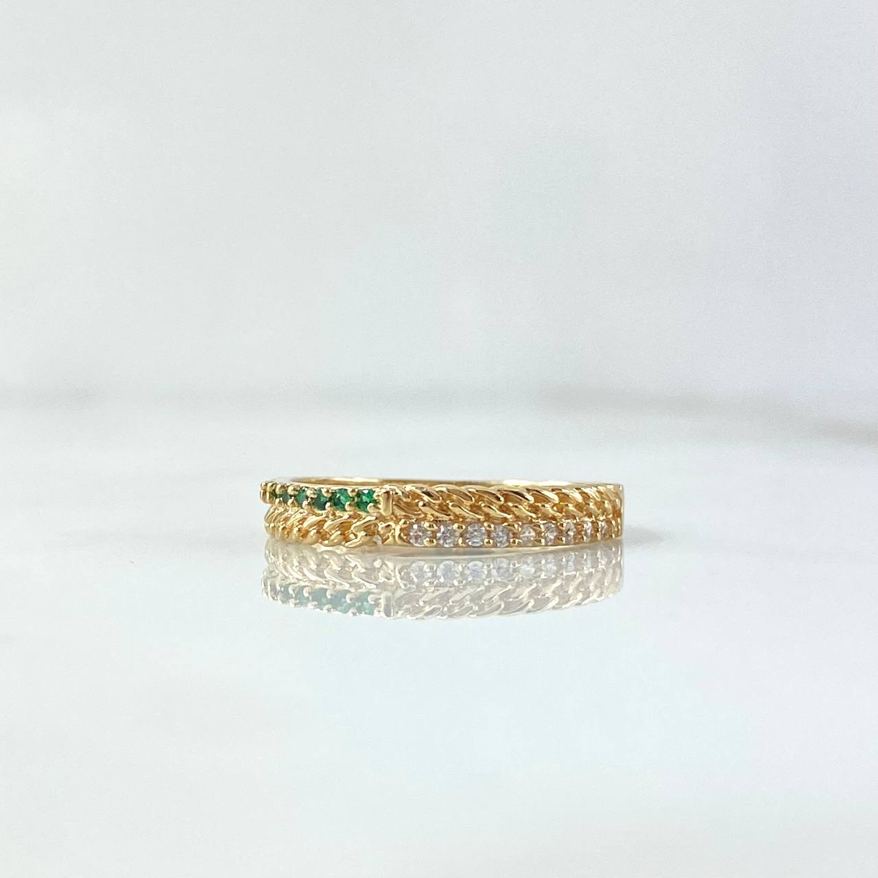 Anillo Cubano Bifurcado 2.4gr / T7 3/4 / Circones Blancos Verdes Oro Amarillo 18K