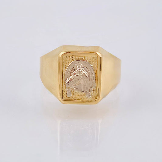 Anillo Sello Herradura Caballo 3.4gr / 9 3/4 / Dos Oros Amarillo Blanco 18K