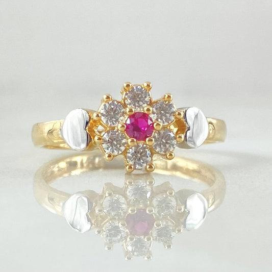 Anillo Flor Corazones 2.5gr / T6 1/2 / Dos Oros Amarillo Blanco 18K