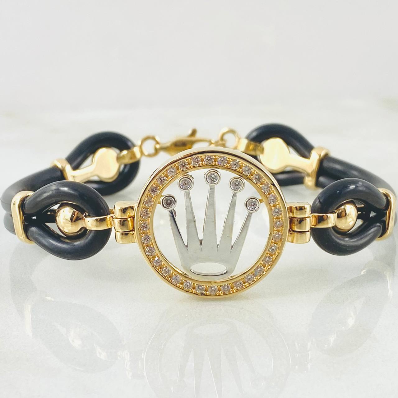 Pulso Caucho Herraje Corona 18.2gr / 19cm / Dos Oros Amarillo Blanco 18K ©