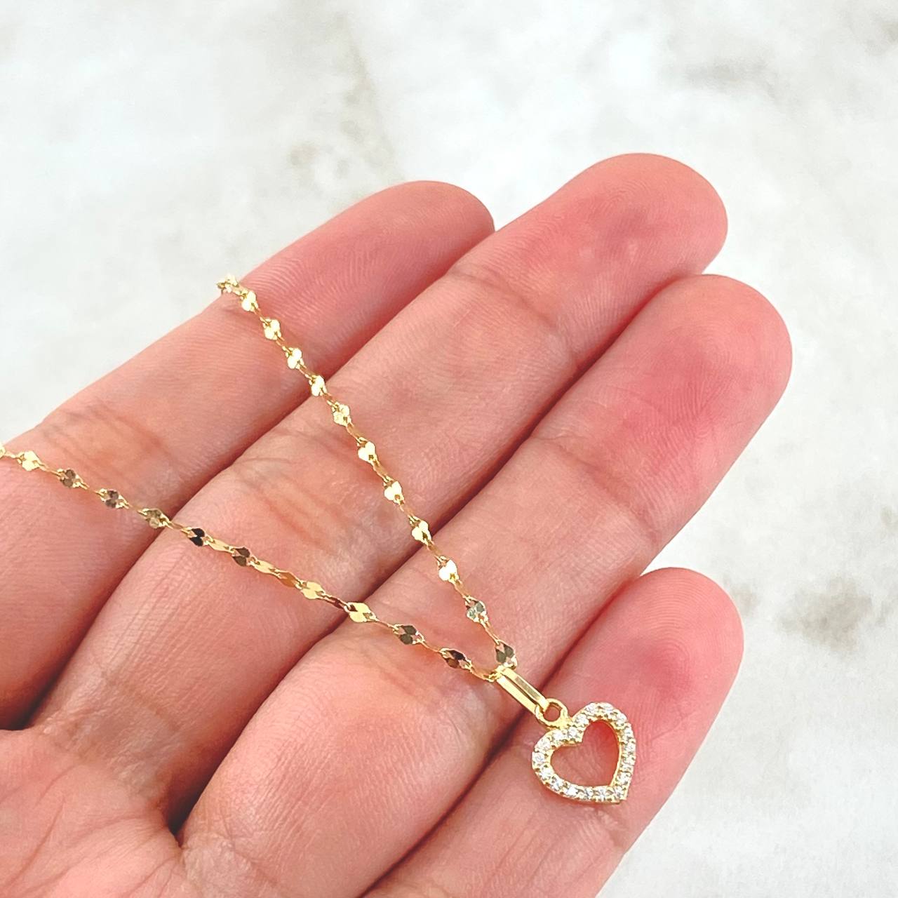 Set Cadena y Dije Flor Espejo + Corazon Silueta 1.35gr / Oro Amarillo 18K (Oferta)