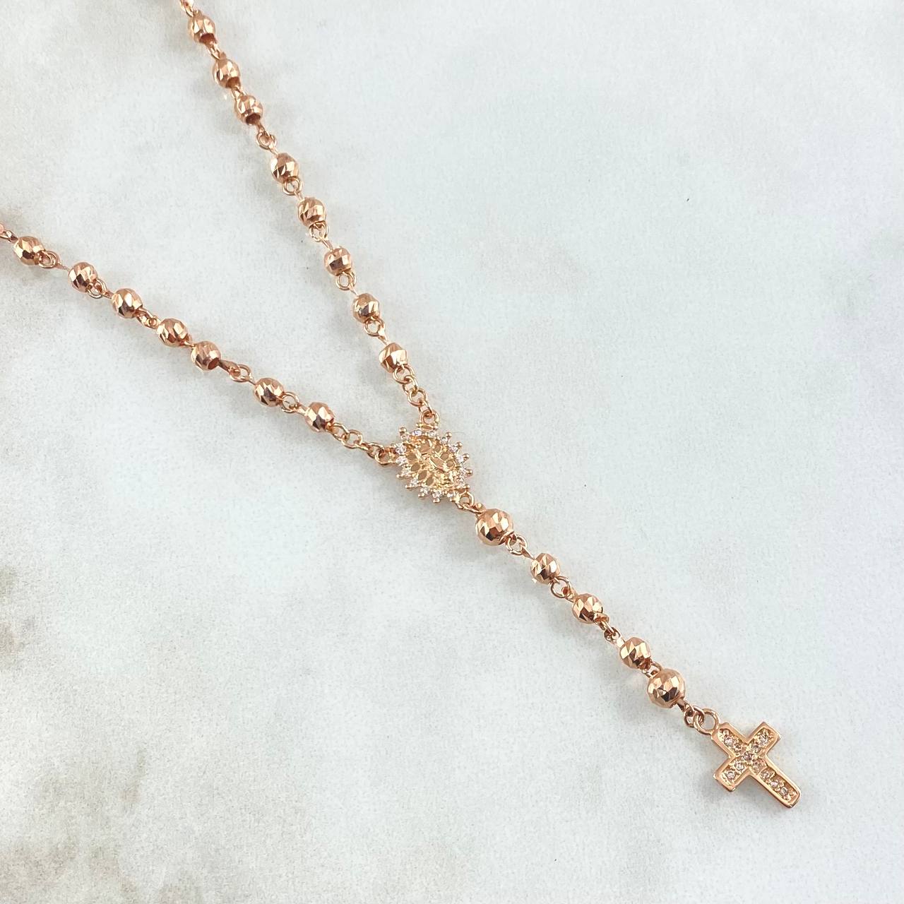 Rosario Virgen Guadalupe Cruz Marco 7.9gr / 50cm / 3mm-4mm Bolas Diamantadas Circones Blancos Oro Rosa 18K