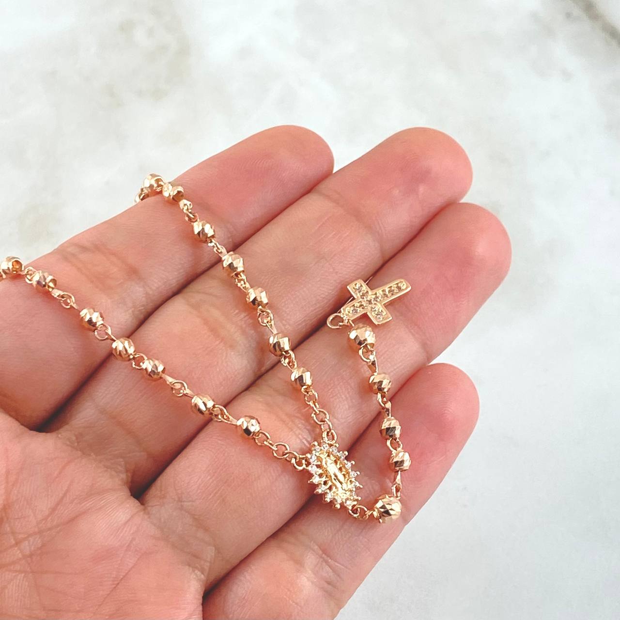 Rosario Virgen Guadalupe Cruz Marco 7.9gr / 50cm / 3mm-4mm Bolas Diamantadas Circones Blancos Oro Rosa 18K