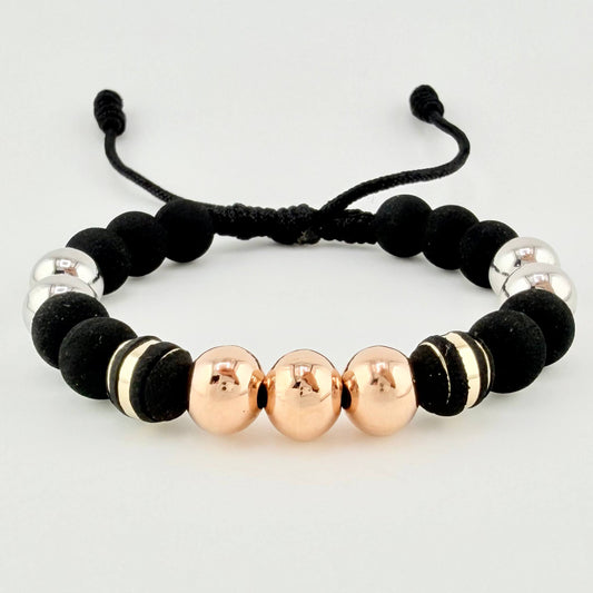 Pulsera Negra Neoros 2und Bolas 7und 2.2gr / 8mm Tres Oros 18K ©