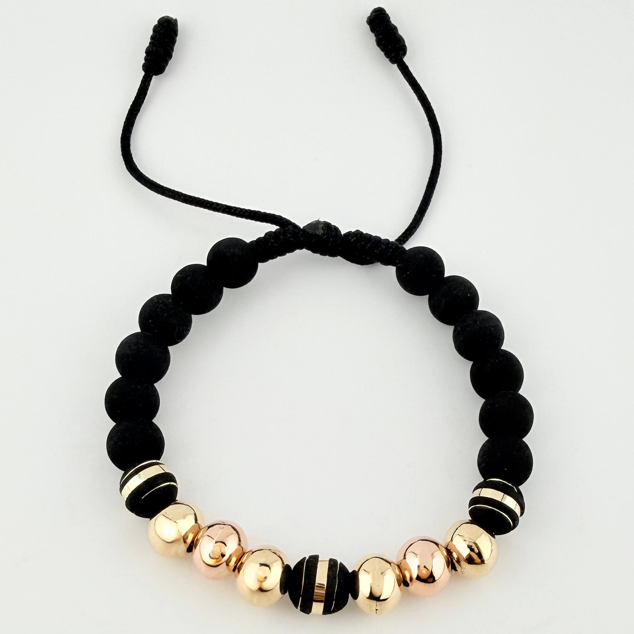 Pulsera Negra Neoros 3und Bolas 6und 1.85gr / 8mm Dos Oros Amarillo Rosa 18K ©