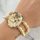 Pulsera Gris Placa San Miguel Arcangel Doble 21.75gr / 3.5cm / 8mm Bolas Diamantadas Circones Blancos Negros Oro Amarillo 18K