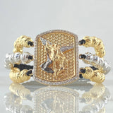 Pulsera Negra Placa San Miguel Arcangel Triple 16gr / 3cm / 6mm Bolas Diamantadas 36und Circones Blancos Dos Oros Amarillo Blanco 18K ©