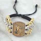 Pulsera Negra Placa San Miguel Arcangel Triple 16gr / 3cm / 6mm Bolas Diamantadas 36und Circones Blancos Dos Oros Amarillo Blanco 18K ©