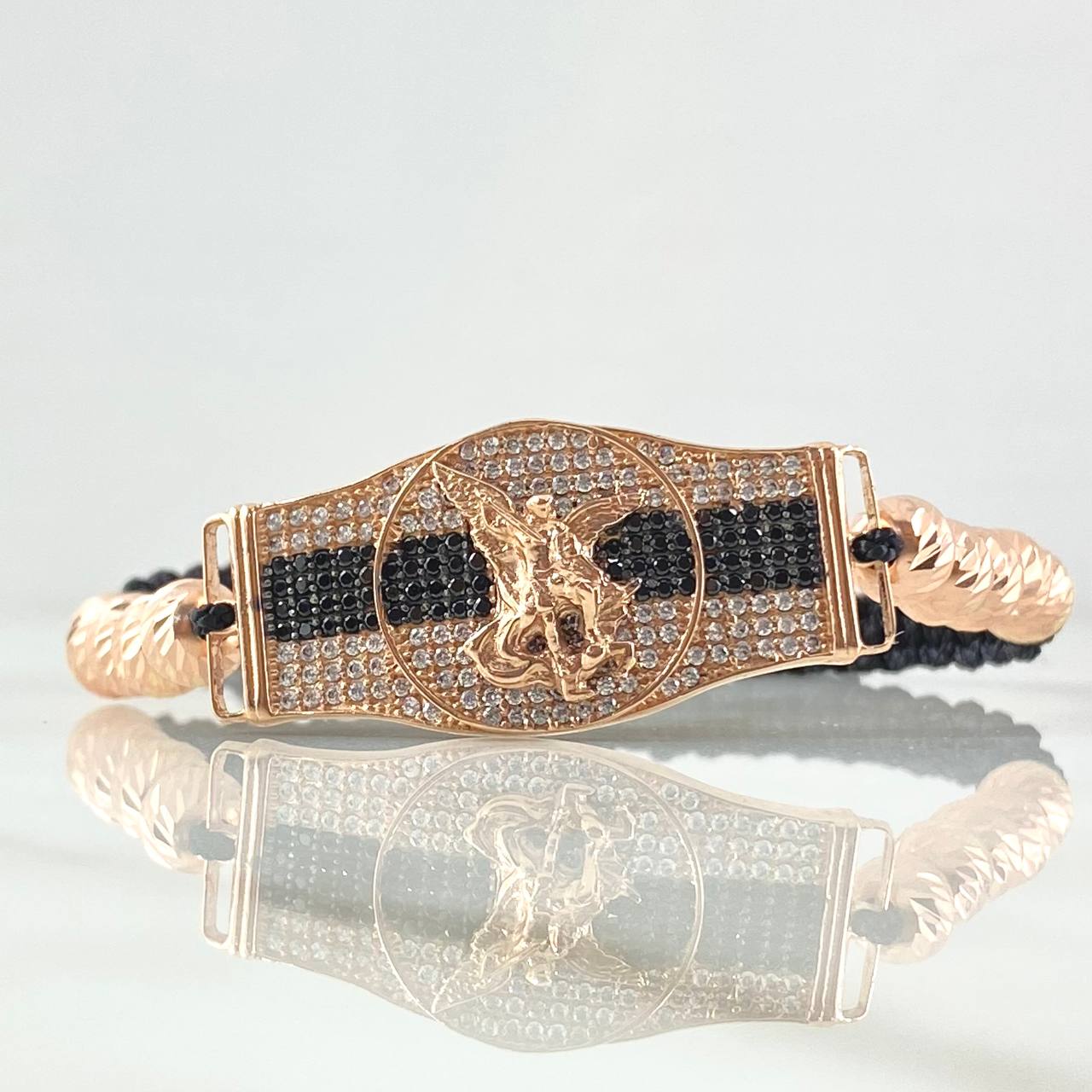 Pulsera Negra Correa San Miguel Arcángel 9.05gr / 1.6cm-3.7cm / 6mm Bolas Diamantadas 10und Circones Blancos Negros Oro Rosa 18K ©