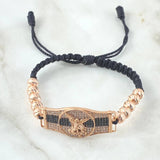 Pulsera Negra Correa San Miguel Arcángel 9.05gr / 1.6cm-3.7cm / 6mm Bolas Diamantadas 10und Circones Blancos Negros Oro Rosa 18K ©