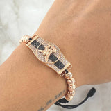 Pulsera Negra Correa San Miguel Arcángel 9.05gr / 1.6cm-3.7cm / 6mm Bolas Diamantadas 10und Circones Blancos Negros Oro Rosa 18K ©