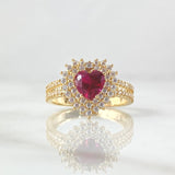 Anillo Halo Corazón Tupido 4.15gr / T6 1/2 / Circones Blancos Fucsia Oro Amarillo 18K *
