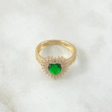 Anillo Halo Corazón Tupido 3.95gr / T6 / Circones Blancos Verde Oro Amarillo 18K