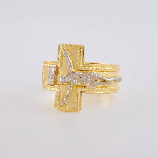 Anillo Cruz Cristo Bordeado 4.25g / T10 3/4 Dos Oros Amarillo Blanco 18K