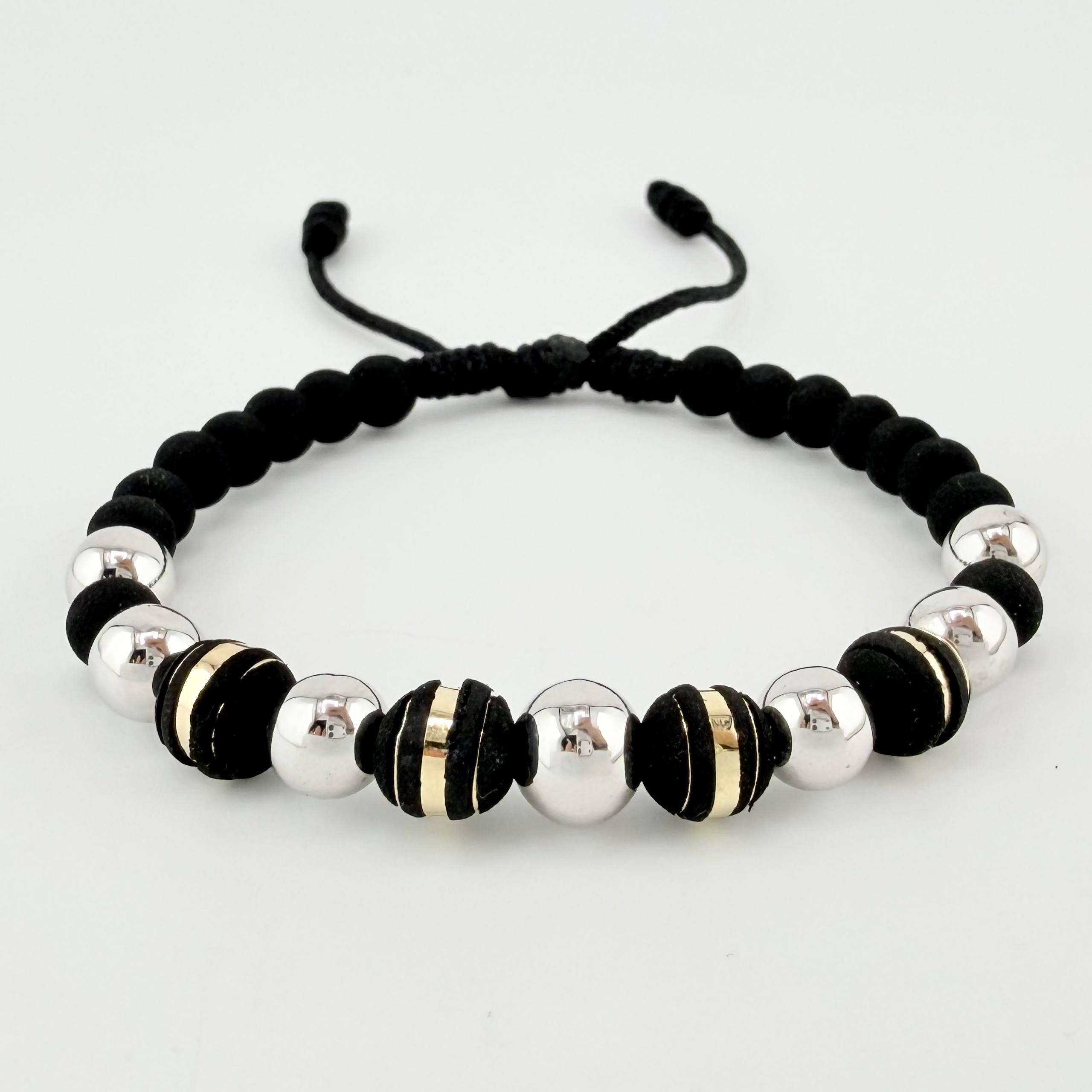 Pulsera Negra Neoros 4und Bolas 7und / 7mm-8mm Dos Oros Amarillo Blanco 18K *