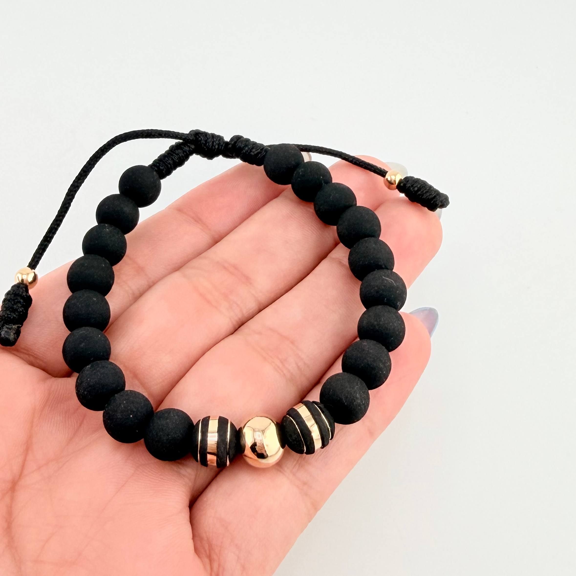 Pulsera Negra Trío Neoros 2und Bolas 3und / 4mm-8mm Oro Amarillo 18K (Oferta) *
