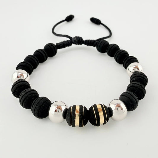 Pulsera Negra Neoros 2und Bolas 4und / 8mm Dos Oros Amarillo Blanco 18K *