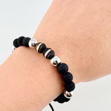 Pulsera Negra Neoros 2und Bolas 4und / 8mm Dos Oros Amarillo Blanco 18K *