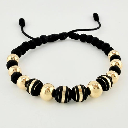Pulsera Negra Neoros 4und Bolas 8und / 7mm-8mm Oro Amarillo 18K *