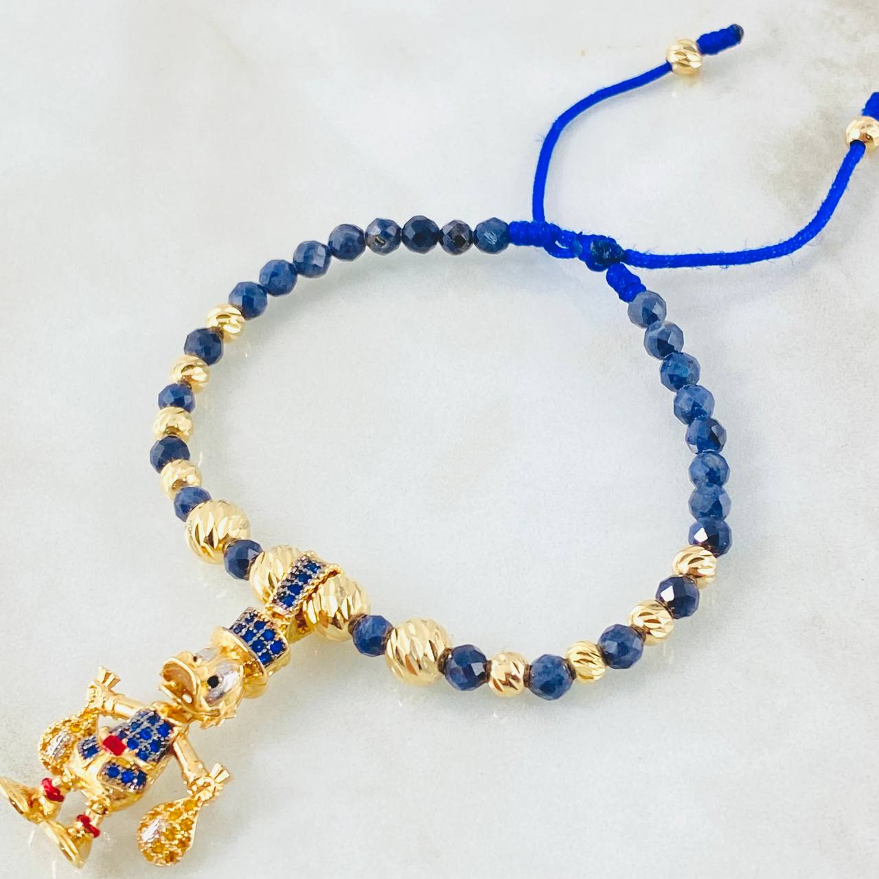 Pulsera Zafiro Dije Pato Bolsas Dinero 8.1gr / 6mm-4mm Oro Amarillo 18K ©