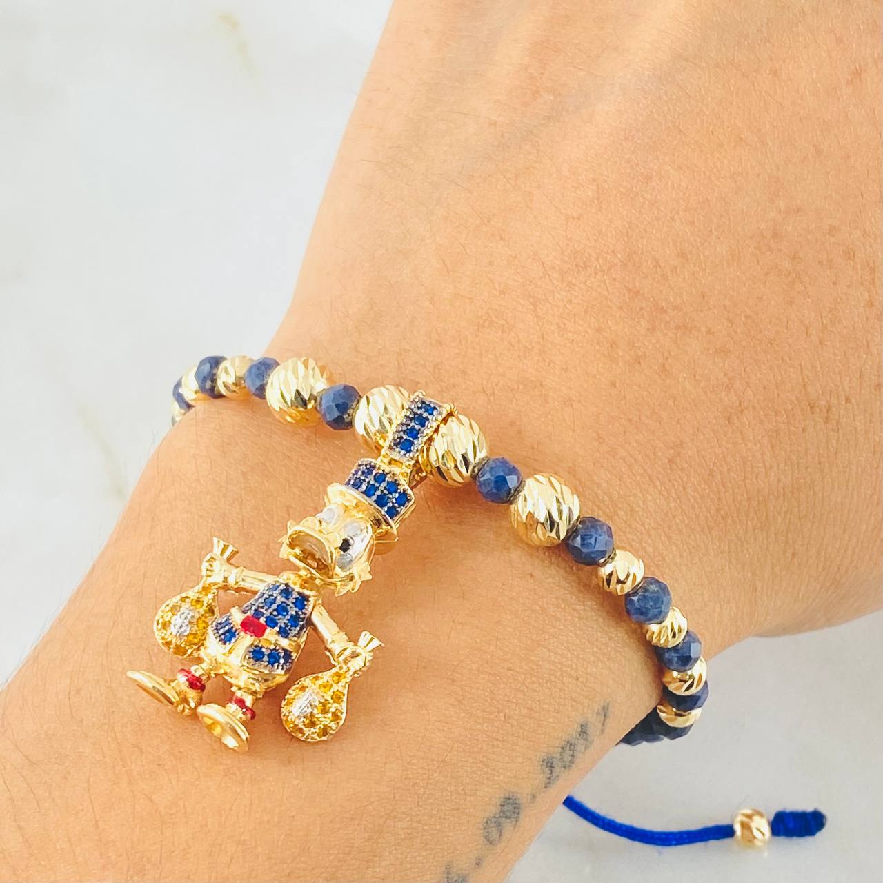 Pulsera Zafiro Dije Pato Bolsas Dinero 8.1gr / 6mm-4mm Oro Amarillo 18K ©