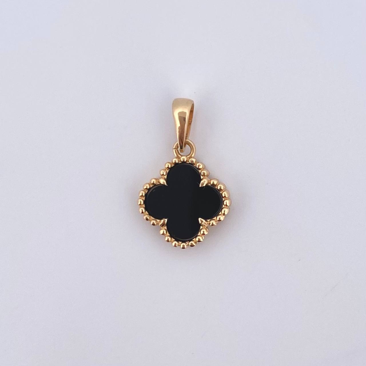 Dije Trebol VCyA 1.7gr / 2cm / Onix Negro Borde Punteado Oro Amarillo Nac.Esp. 18K