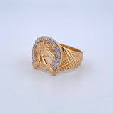 Anillo Sello Herradura Caballo 5.8gr / T10 1/4 / Malla Lateral - Circones Blancos Oro Amarillo 18K *