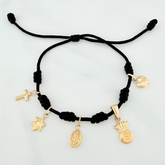 Pulsera Tejida Negra Seis Nudos Oro Amarillo 18K