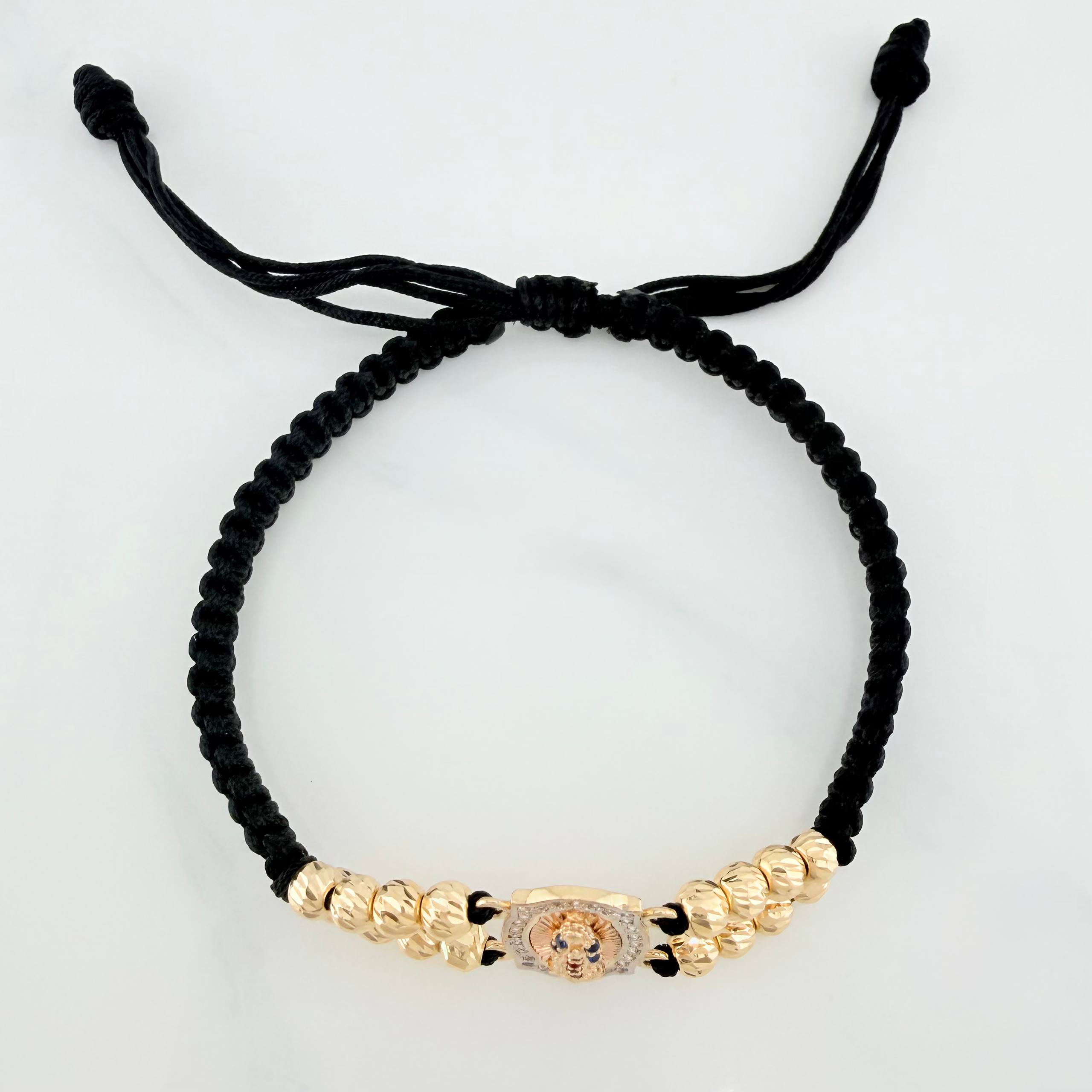 Pulsera Tejida Negra Virgen Guadalupe Tres Oros 18K