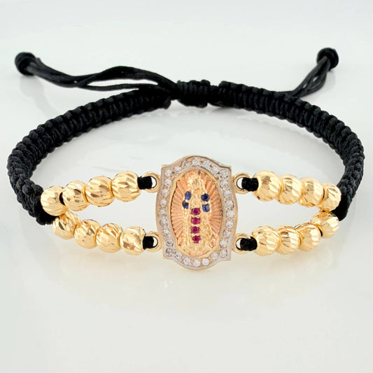 Pulsera Tejida Negra Virgen Guadalupe Tres Oros 18K