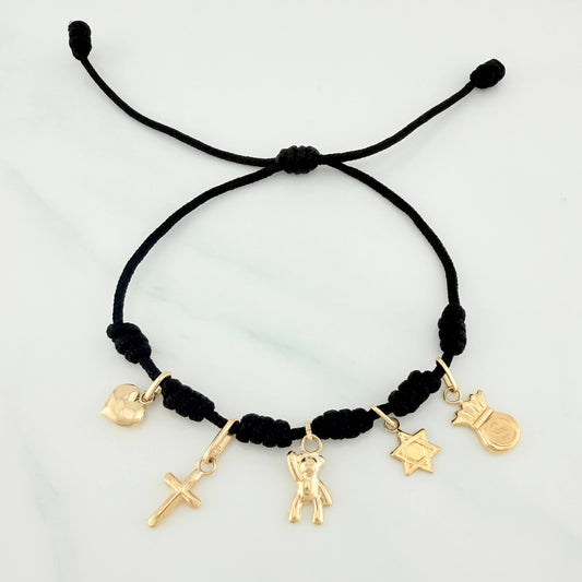 Pulsera Tejida Negra Seis Nudos Oro Amarillo 18K