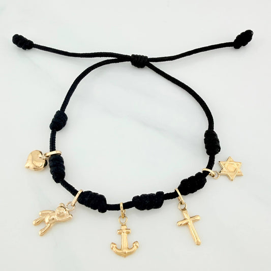 Pulsera Tejida Negra Seis Nudos Oro Amarillo 18K