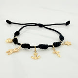 Pulsera Tejida Negra Seis Nudos Oro Amarillo 18K
