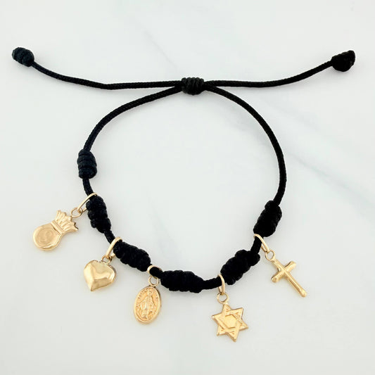 Pulsera Tejida Negra Seis Nudos Oro Amarillo 18K