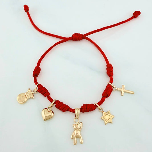 Pulsera Tejida Roja Seis Nudos Oro Amarillo 18K