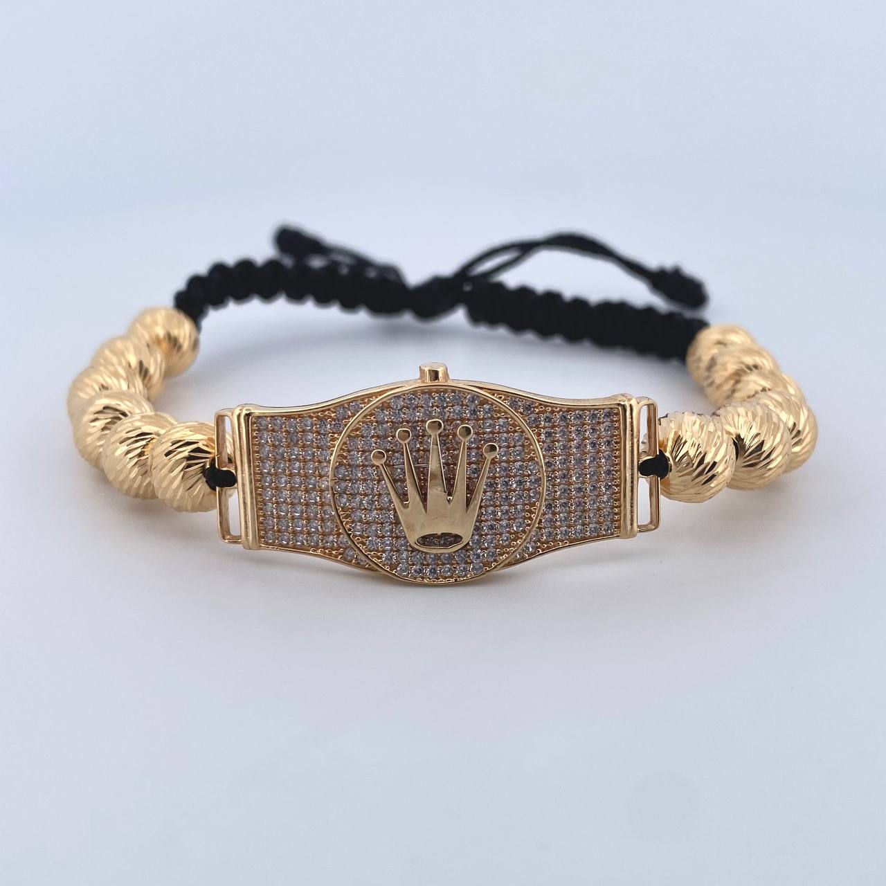 Pulsera Negra Cinturon Corona RX 11.2gr / 8mm Bolas Diamantadas Circones Blancos Oro Amarillo 18K ©