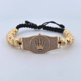 Pulsera Negra Cinturon Corona RX 11.2gr / 8mm Bolas Diamantadas Circones Blancos Oro Amarillo 18K ©