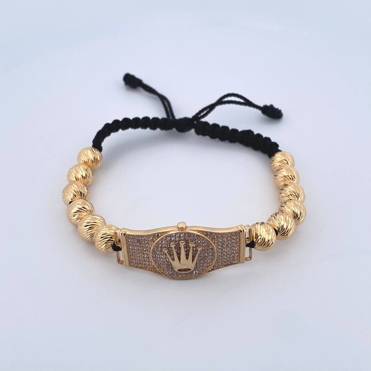 Pulsera Negra Cinturon Corona RX 11.2gr / 8mm Bolas Diamantadas Circones Blancos Oro Amarillo 18K ©
