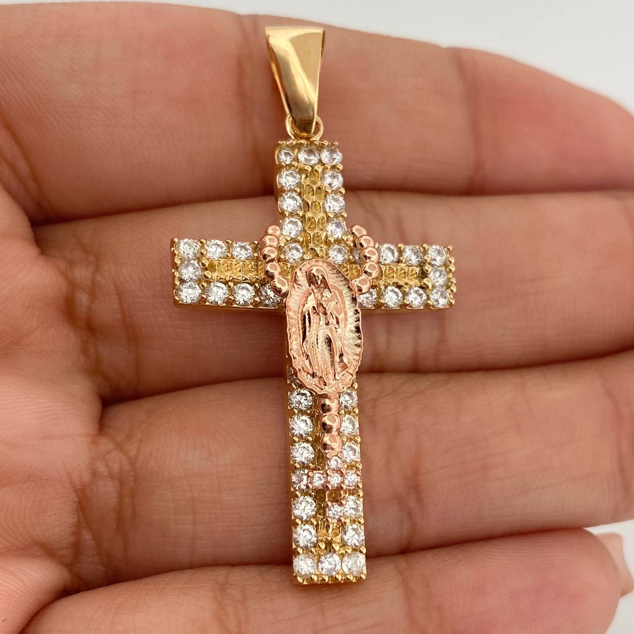 Dije Cruz Rosario Virgen Guadalupe 5.9gr / 4.5cm / Dos Oros Amarillo Rosa 18K