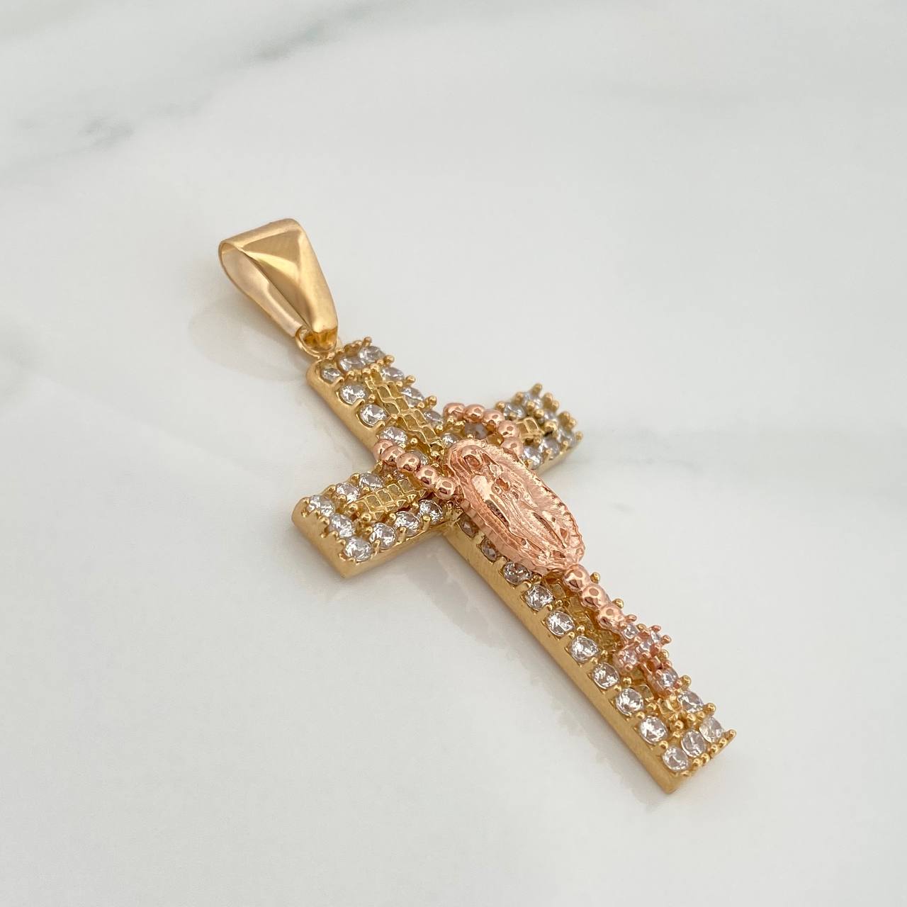 Dije Cruz Rosario Virgen Guadalupe 5.9gr / 4.5cm / Dos Oros Amarillo Rosa 18K