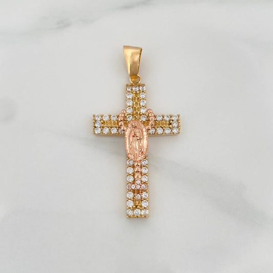 Dije Cruz Rosario Virgen Guadalupe 5.9gr / 4.5cm / Dos Oros Amarillo Rosa 18K
