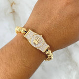 Pulsera Negra Cinturon Corona RX 11.2gr / 8mm Bolas Diamantadas Circones Blancos Oro Amarillo 18K ©