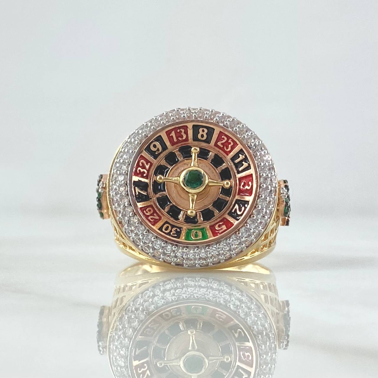 Anillo Ruleta Casino Movil 13.8gr / T10 1/2 / Circones Blancos Verde Texturizado Dos Oros Amarillo Rosa 18K