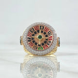 Anillo Ruleta Casino Movil 13.8gr / T10 1/2 / Circones Blancos Verde Texturizado Dos Oros Amarillo Rosa 18K