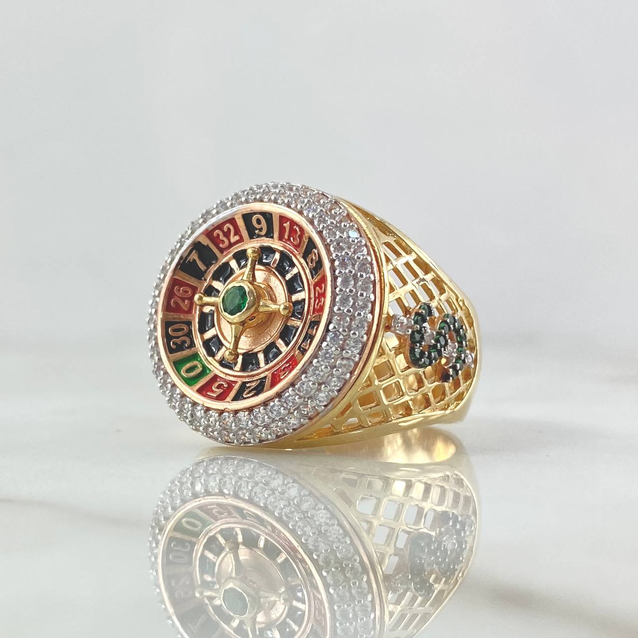 Anillo Ruleta Casino Movil 13.8gr / T10 1/2 / Circones Blancos Verde Texturizado Dos Oros Amarillo Rosa 18K